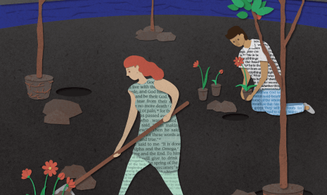 An illustration of people gardening in a dark landscape. Everywhere they've been there are plants.