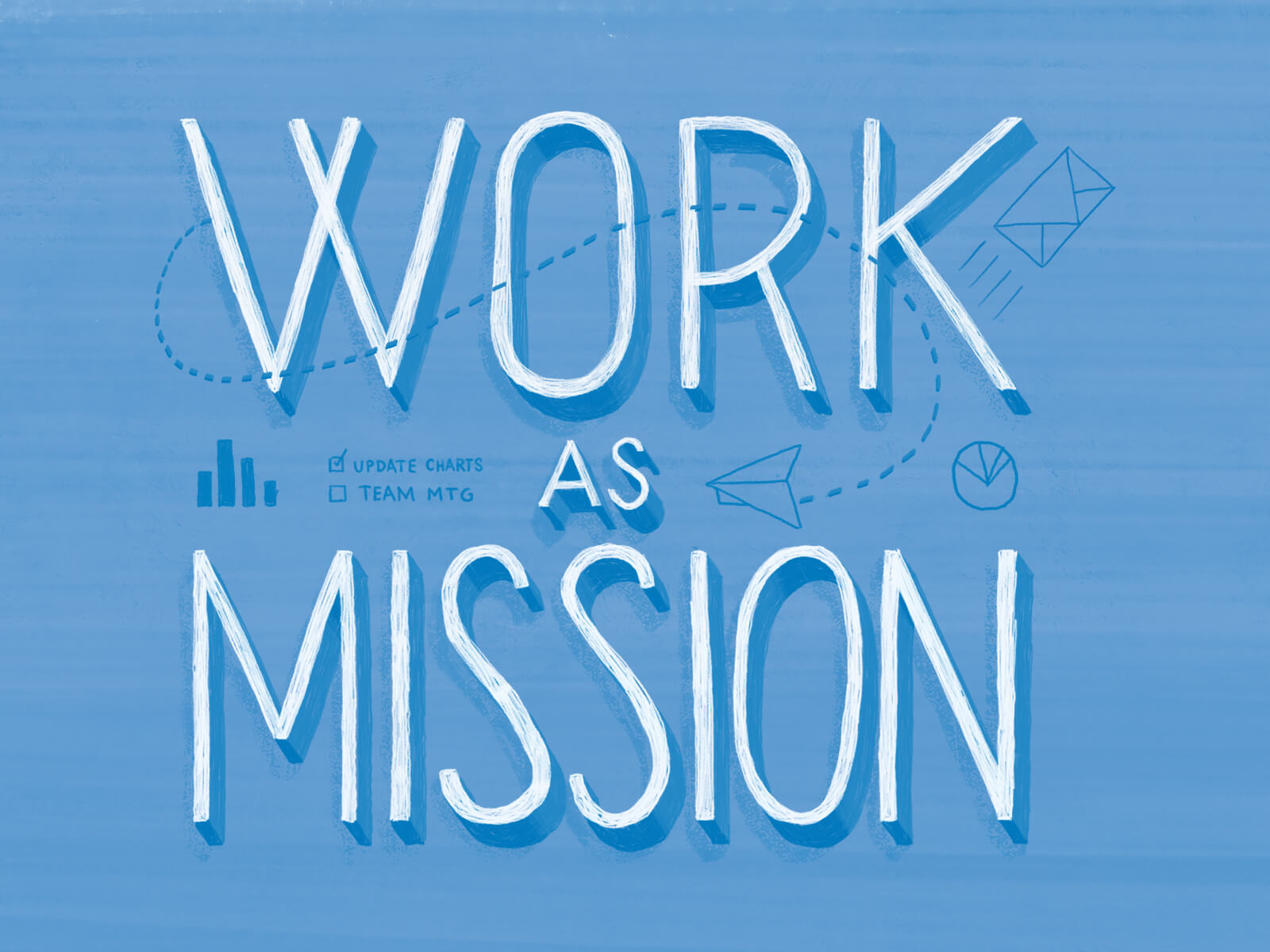 Work As Mission on a blue background with illustrated icons.