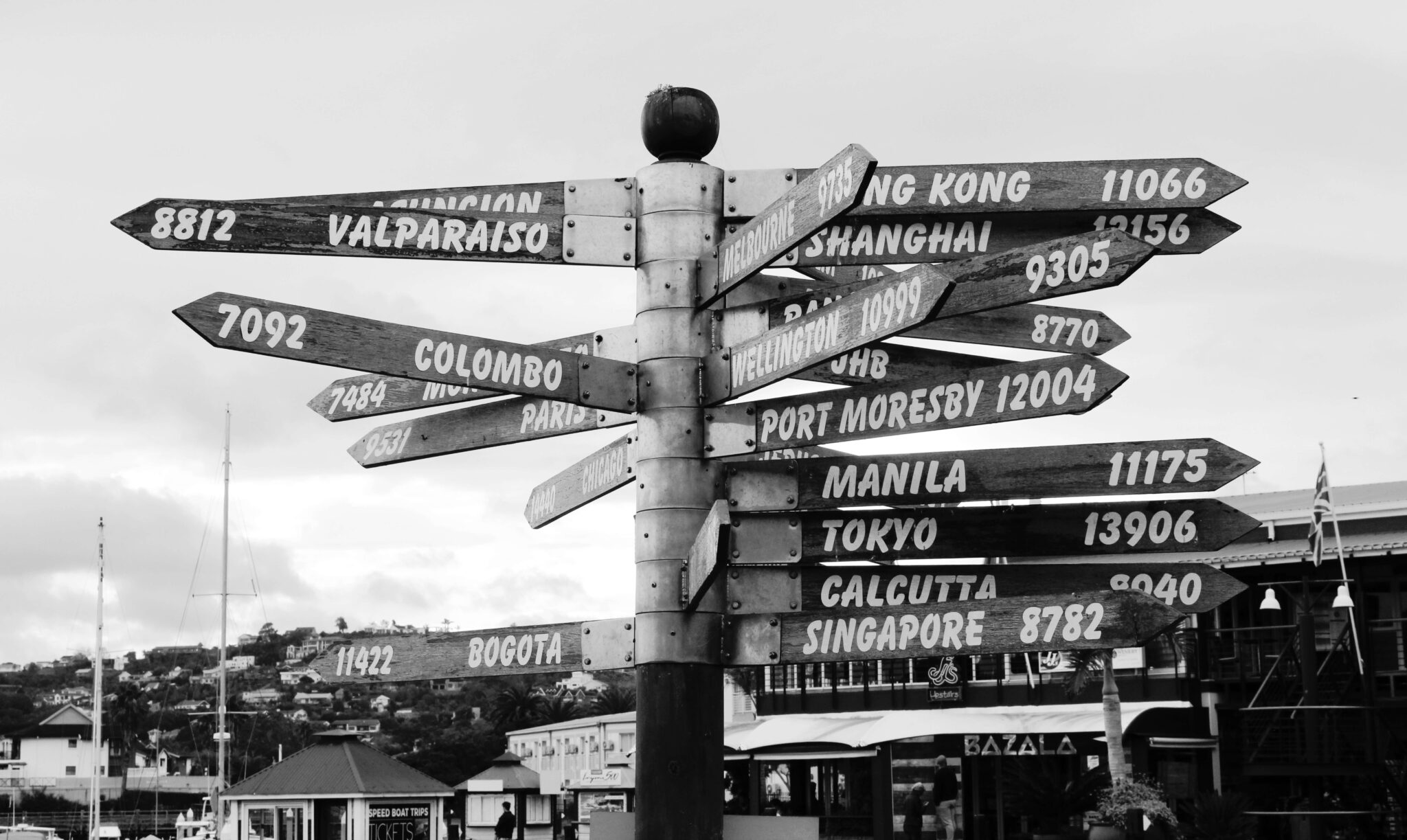 A post with signs pointing to places all over the world.