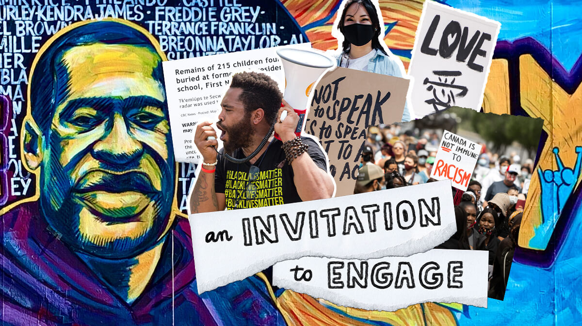 A collage of images that relate to race and injustice. Images include people protesting, an illustration of George Floyd