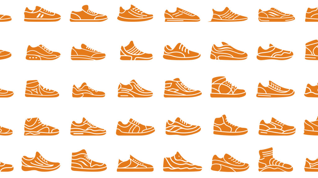 An illustrated grid of 60 orange shoes