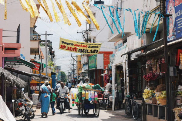 A busy market street in South East Asia